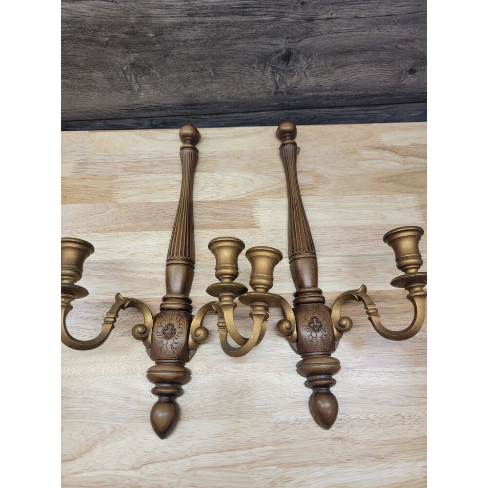 Syroco Faux Metal Wall Sconce Candle Holder 2 Arm Floral Design Gold Tone MCM